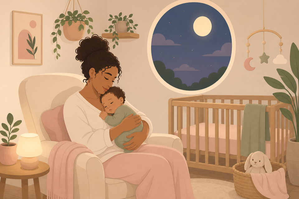 Soft illustration of a caregiver settling a baby at dusk in a cozy nursery